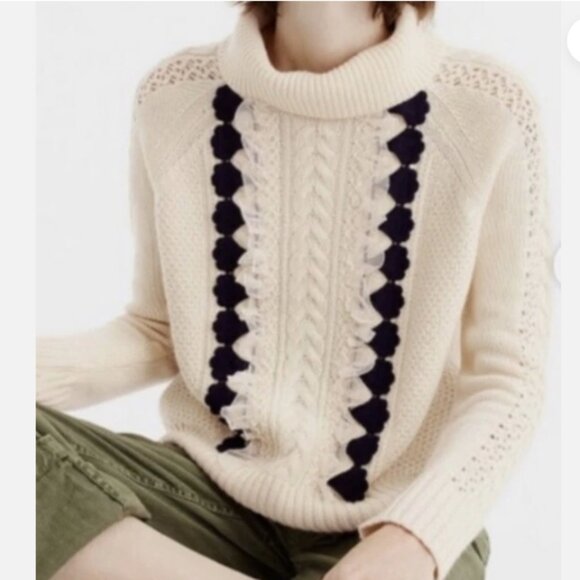 NWOT J Crew Embellished Cable Knit Ruffle Sweater - Picture 4 of 12